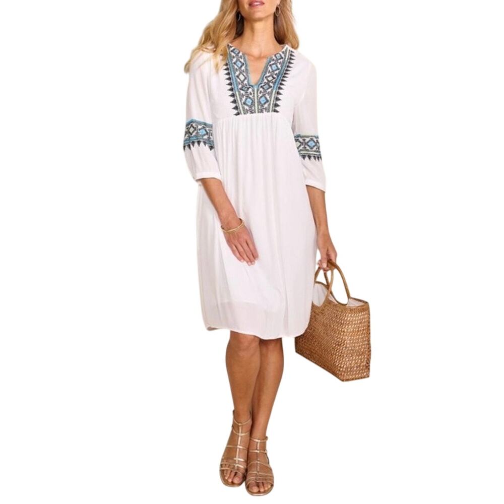 Soft Surroundings Boho Dress Size 2X White‎ Embroidered Details 3/4 Sleeve Lined